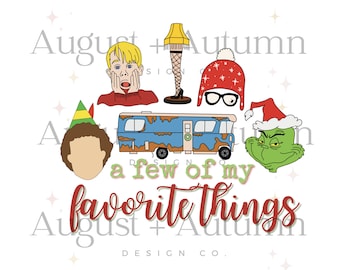 Könnte beinhalten: Eine bunte Illustration eines Weihnachtsmotivs mit dem Text "a few of my favorite things". Das Design beinhaltet einen grünen Grinch, einen Elf mit roter Mütze, einen blau-weißen Wohnwagen, eine rot-weiße Weihnachtsmütze mit Brille und eine Lampe mit Frauenbeinen.