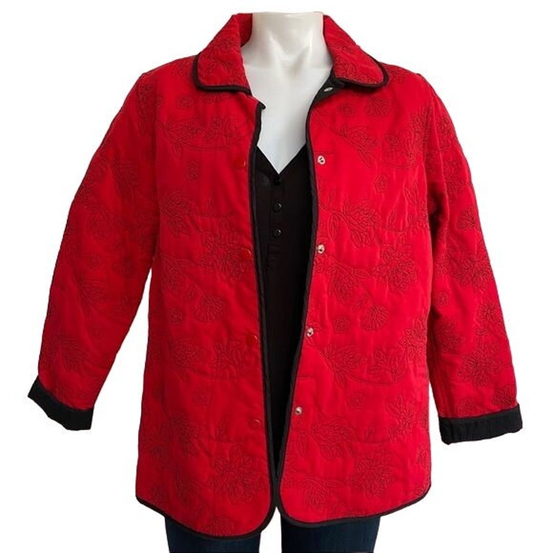 Vintage Analogy Embroidered Quilted Snap Button Down Coat Soft Etsy