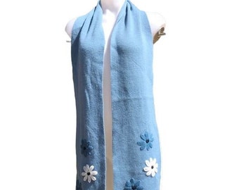 Vintage Y2K Hippie Hellblauer Bestickter Blumen Schal Breite Einheitsgröße