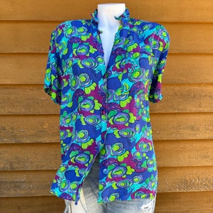 Camisa feminina estilo havaiano Blue Island com botões tamanho M