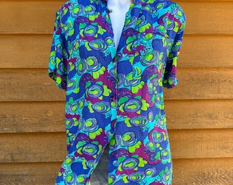 Blue Island Hawaiian Style Button Down Women’s Shirt Size M