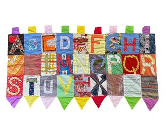 Vintage Alphabet Quilted Folk Art Patchwork Handmade 70"x 40" One of a KInd Wall Hanging