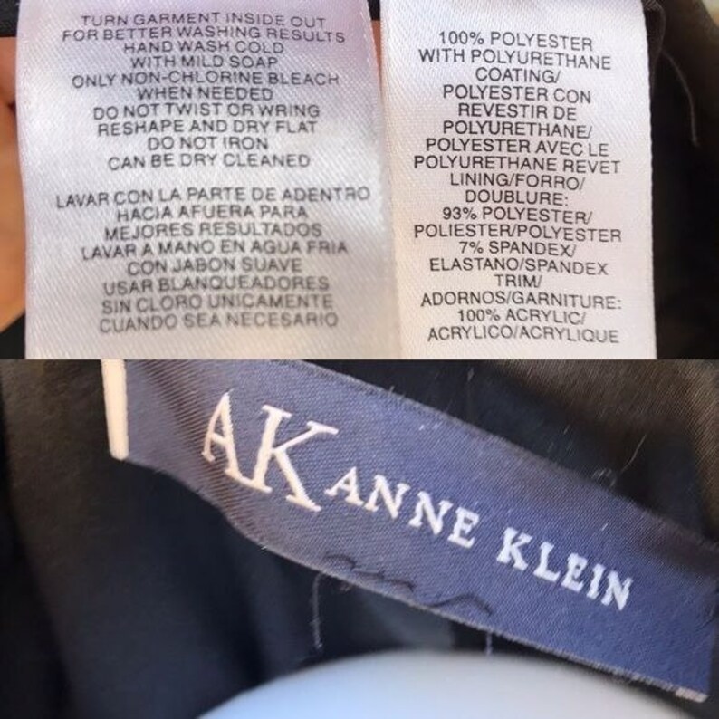 May include: A black and blue label with the text "AKANNE KLEIN" in white. The label has care instructions in English and Spanish. The instructions include washing, drying, and bleaching guidelines.