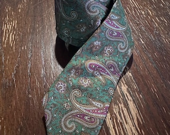 Vintage Luciano Toscanini Green Paisley Silk Tie 3" Wide Classic Mens Necktie