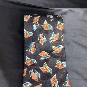 Vintage Damon Mens Black Necktie Blue and Orange Geometric Silk Made In Italy