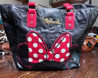 Loungefly Disney Minnie Mouse Tote Bag Embossed Black Faux Leather Polka Dot Bow Design Red Accent Handles Vintage