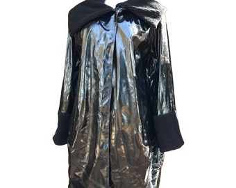 Vintage Anne Klein Black Vegan Leather Overcoat Single Button Jacket Size S