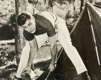 John Saxon Pitching a Tent Camping Young  Black & White Promo Photo Rare
