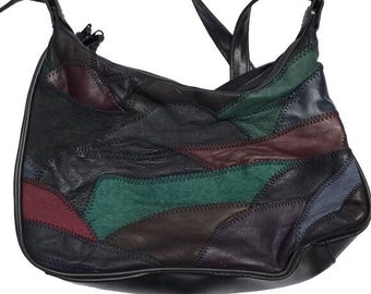 Vintage 80s 90s Patched Black Green Red BlueBag Vegan Faux Leather Hobo Purse
