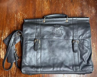 Vintage Eurodesign Black Leather Portfolio Bag With Shoulder Strap & Buckle Closures Made In Korea