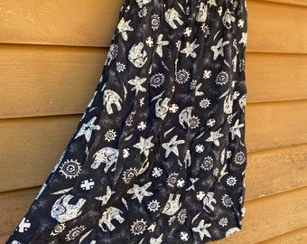 Vintage Campus Casuals of California Black Elephant Print Maxi Skirt with Pockets