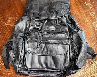 Vintage Patched Leather Multi Pocket Backpack