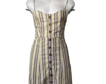 Mind Code Pin Striped Mini Linen Y2K Yellow Blue Brown Button Dress Size S