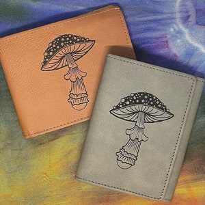 Cartera con hongo grabado a láser: Cartera de cuero vegano / Arte grabado a láser / Regalo ecológico / Cartera unisex / Regalo para amantes de los hongos