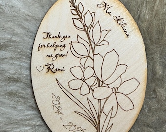 Personalized Teacher Magnet – Floral Thank You Gift, Baltic Birch Wood
