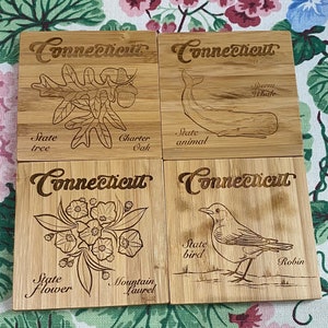 Connecticut State Symbols Laser Engraved Bamboo Coasters – Eco-Friendly Gift Set | State Pride Decor
