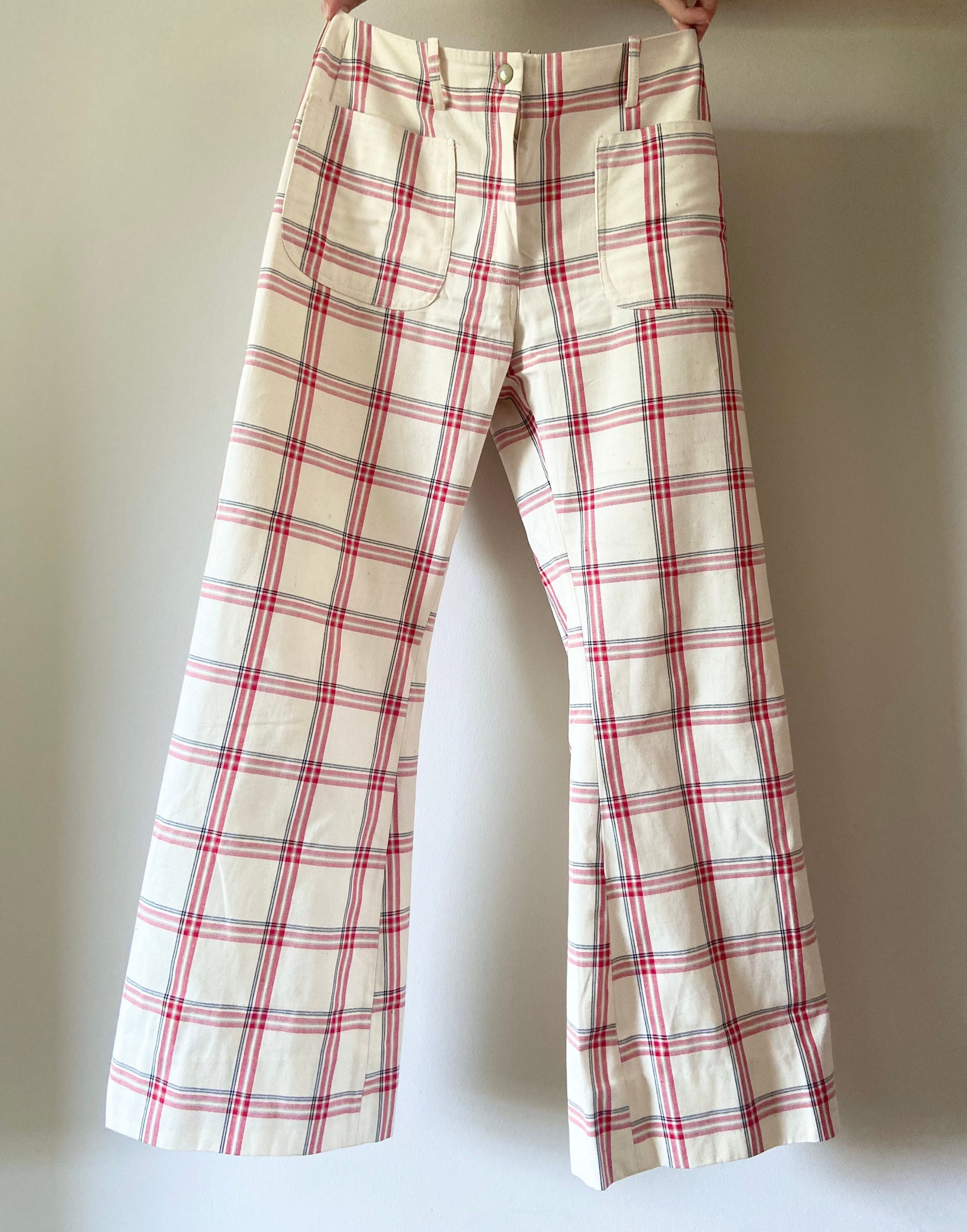 Pink Checkered Mid Waist Flare Pants Hippie Bell Bottom Plaid Wide