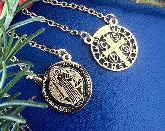 St. Benedict Scapular Necklace: Engraved Stainless Steel Catholic Protection