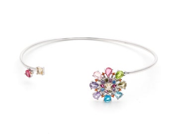 Crystal Flower Bracelet: 925 Sterling Silver Open Bangle