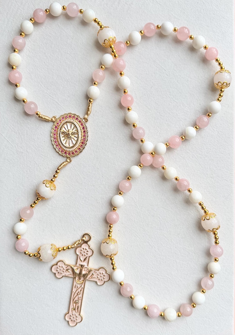 Rosario de aguamarina/cuarzo rosa hecho a mano: cuentas de selenita, cuarzo y ónix imagen 7