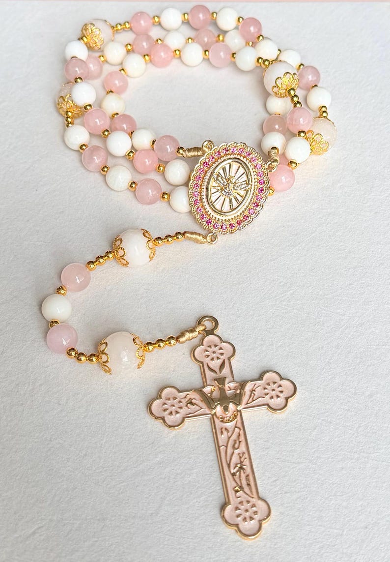 Rosario de aguamarina/cuarzo rosa hecho a mano: cuentas de selenita, cuarzo y ónix imagen 8