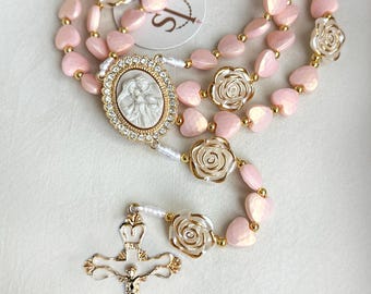 Rosario Sagrado Familiar Hecho a Mano: Cuentas de Oración en Forma de Corazón, Nombre Personalizado, Rosario de Boda