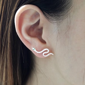 Snake Ear Climber Earrings • Minimalist earring • Crystal Pave Crawler Cuff • Green Eyes Serpent Ear Wrap