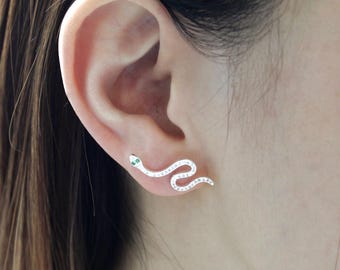 Sterling Silver Snake Ear Climber Earrings: Crystal Serpent Cuff