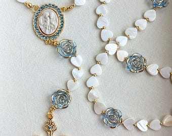 Rosario Familiar Sagrado Algo Azul / Corazones y Rosas de Nácar / Rosario de Novia