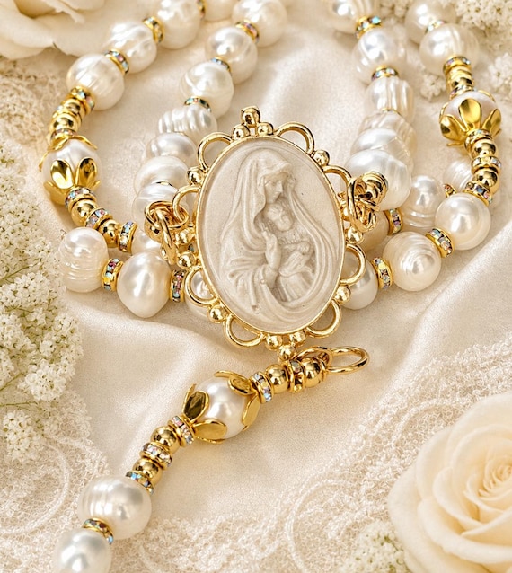 Madonna & Child Rosary Baroque Freshwater Pearl | Rainbow Crystal Rondelle | Gold Rhinestone Cross | Resin Cameo Centerpiece