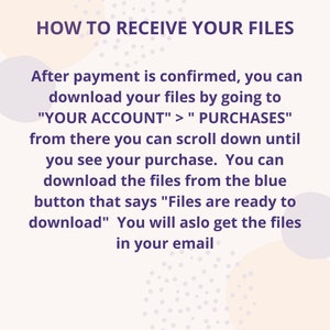May include: Purple text on a white background with a light pink and purple dotted pattern. The text explains how to receive your files after purchase. The text says "HOW TO RECEIVE YOUR FILES" and "After payment is confirmed, you can download your files by going to "YOUR ACCOUNT" > "PURCHASES" from there you can scroll down until you see your purchase. You can download the files from the blue button that says "Files are ready to download" You will also get the files in your email."