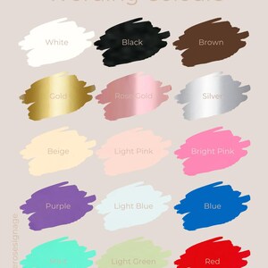 May include: A chart showing 15 different color swatches with the name of each color written in black text. The colors are: white, black, brown, gold, rose gold, silver, beige, light pink, bright pink, purple, light blue, blue, mint, light green, and red.