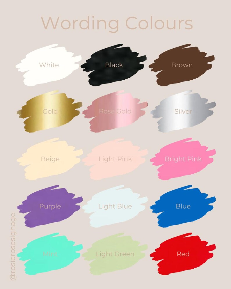 May include: A chart showing 15 different color swatches with the name of each color written in black text. The colors are: white, black, brown, gold, rose gold, silver, beige, light pink, bright pink, purple, light blue, blue, mint, light green, and red.