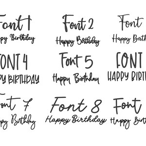 May include: Nine different font styles for the phrase "Happy Birthday". The fonts range from casual script to bold and blocky.