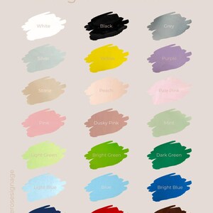 May include: A chart of 18 different background colors, including white, black, grey, silver, yellow, purple, stone, peach, pale pink, pink, dusky pink, mint, light green, bright green, dark green, light blue, blue, bright blue, navy blue, red, and brown.