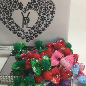 Winter Pom Pom Bows Small Dogs |Dog Bows| Dog Top Knot Bows| Bows for Small Dogs| Ribbon & Rubber Band Dog Bows