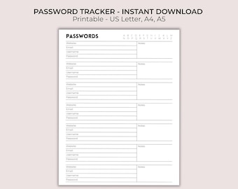 Minimalist Password Tracker Printable | US Letter, A4, A5 (Digital Download)