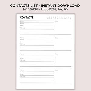 Contacts List | Address Book Insert | Printable Contacts List | Phone & Email Tracker| US Letter, A4, A5 |  Planner Insert | Minimalist