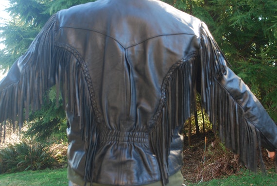 Women's Vintage Black Leather Jacket with Fringes - image 1