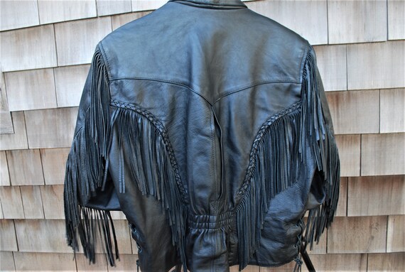 Women's Vintage Black Leather Jacket with Fringes - image 7