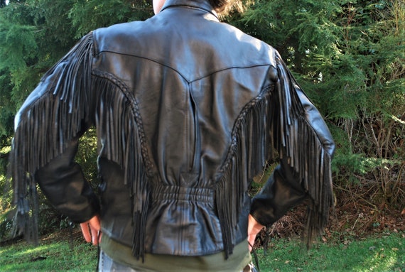 Women's Vintage Black Leather Jacket with Fringes - image 4