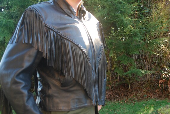 Women's Vintage Black Leather Jacket with Fringes - image 2