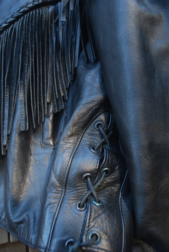 Women's Vintage Black Leather Jacket with Fringes - image 5