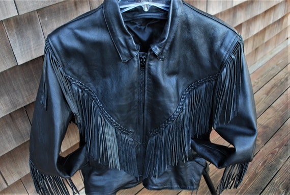 Women's Vintage Black Leather Jacket with Fringes - image 8