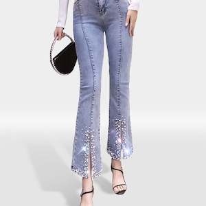Jeans with pearls on bottom deals