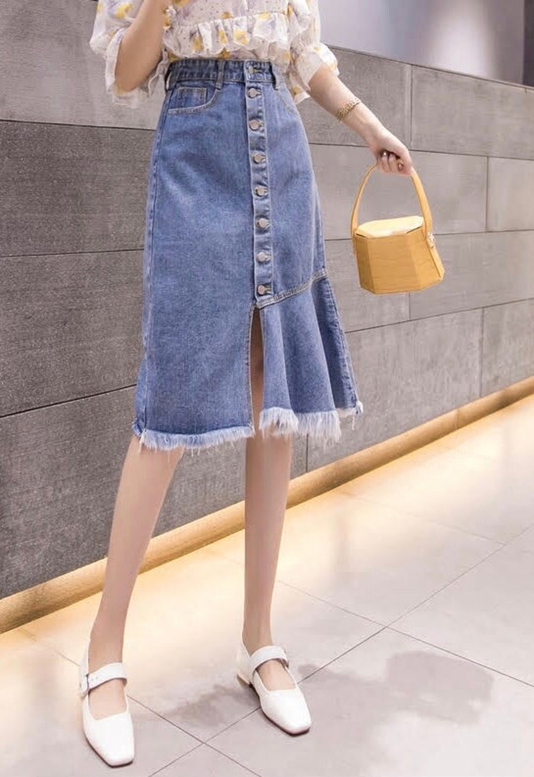 【BAON】Deljuki banding flare non-fade denim long skirt Moon Laser Denim Long Skirt • Marine Serre