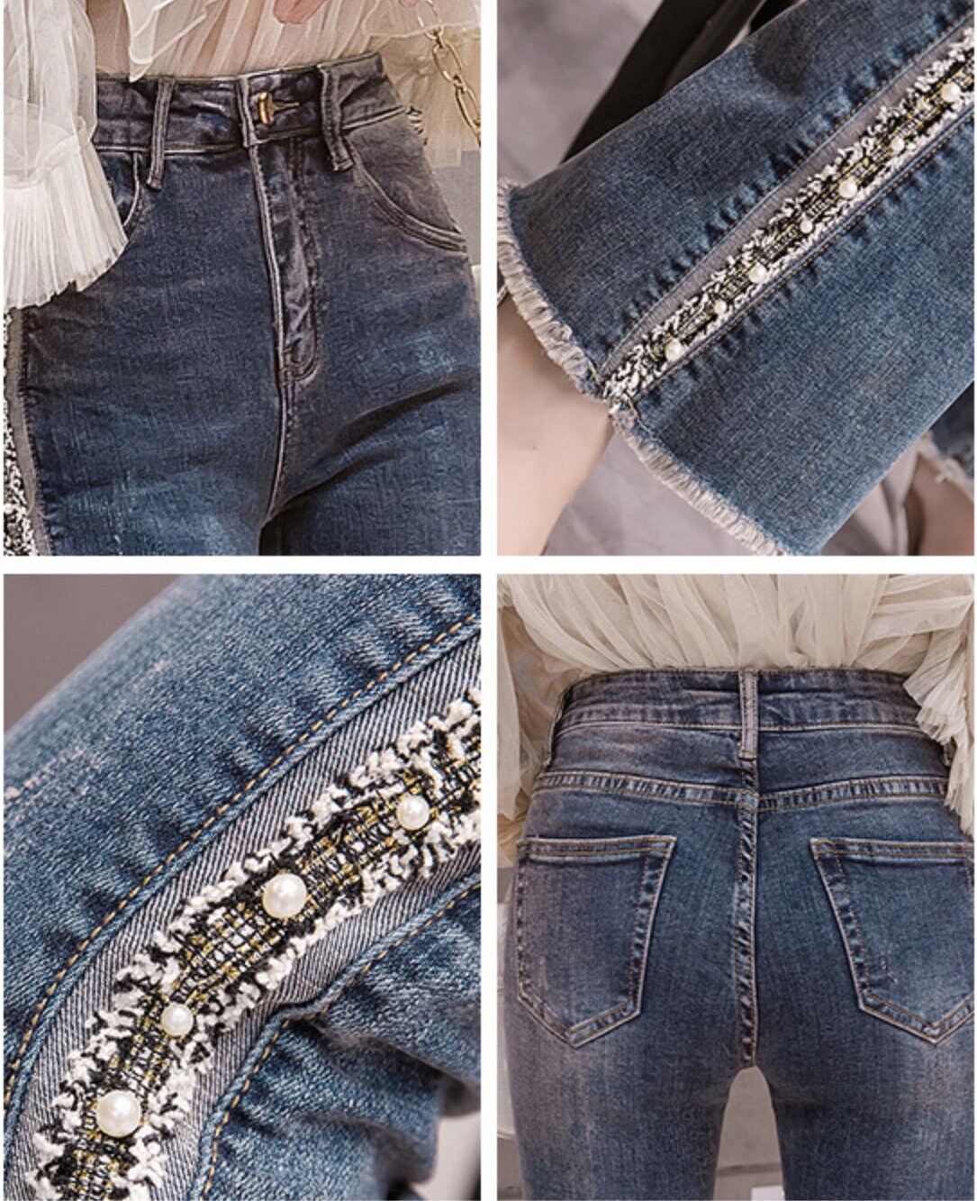 パンツ Beaded design black flare denim Pearl Embellished Silver & Black Embroidered Flare Denim Jeans