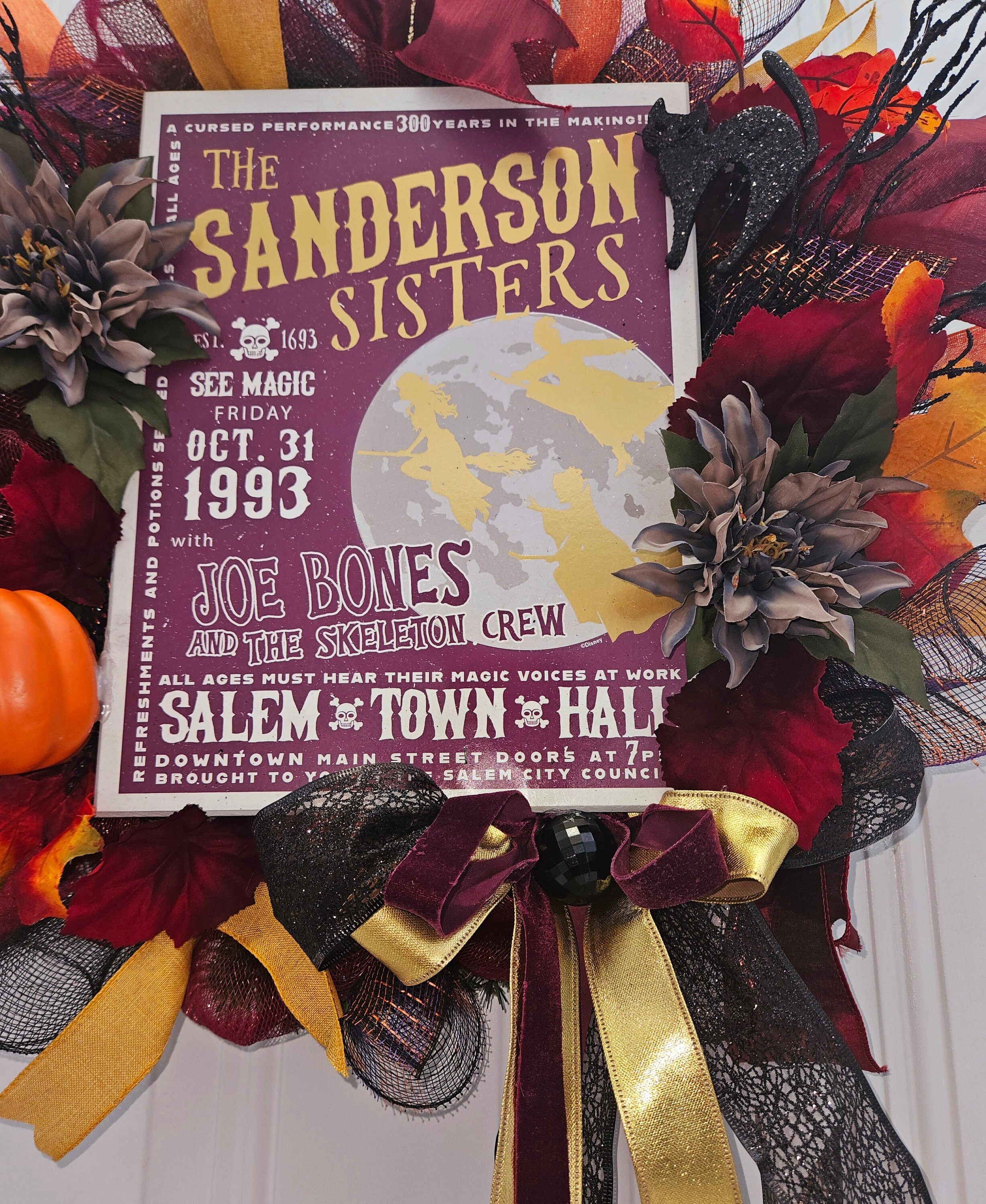 Sanderson Sisters Halloween Wreath, Deco Mesh, Door Wall Mantle Hanger