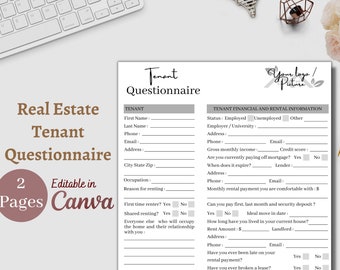 Tenant Rental Home Real Estate Questionnaire Application Sheet Forms, Tenant Lease Screening, Realtor Client Consultation Survey, Renter