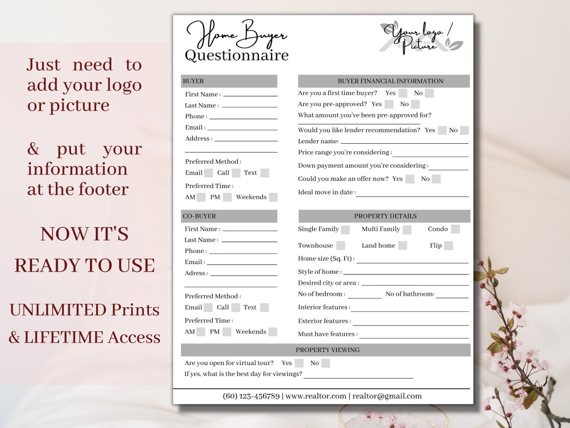 Home Buyer Real Estate Questionnaire Sheet Form, Realtor Clients ...